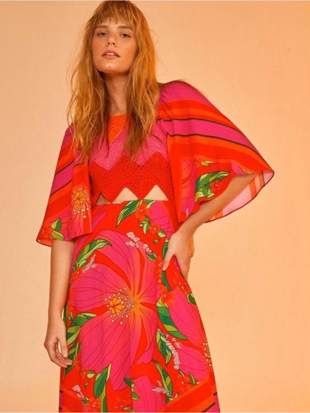 FARM Rio Red & Pink Floral Midi Dress